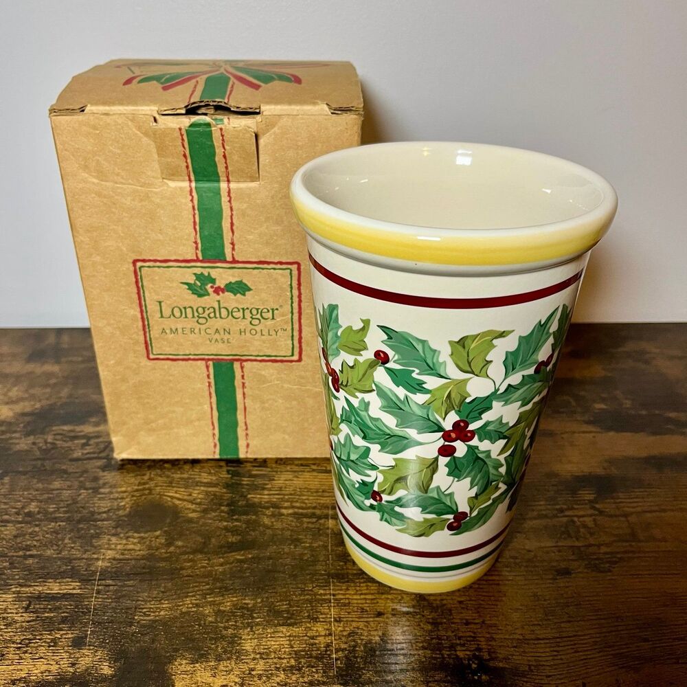Longaberger Pottery Christmas American Holly Vase 2001 #30446 Retired